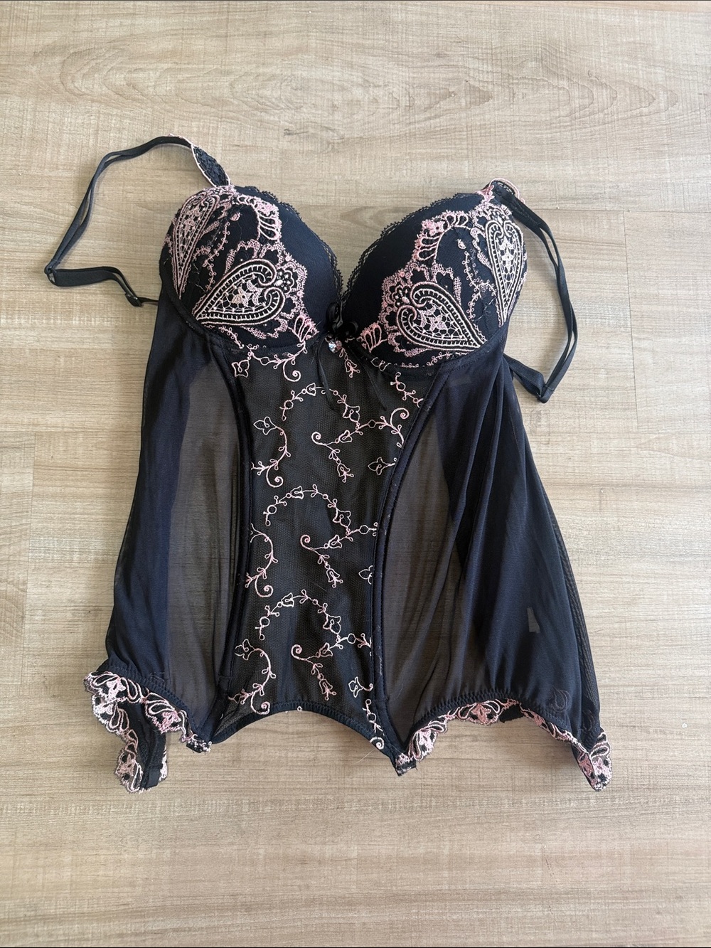 Black Babydoll Lingerie with Pink Lace Embroidery